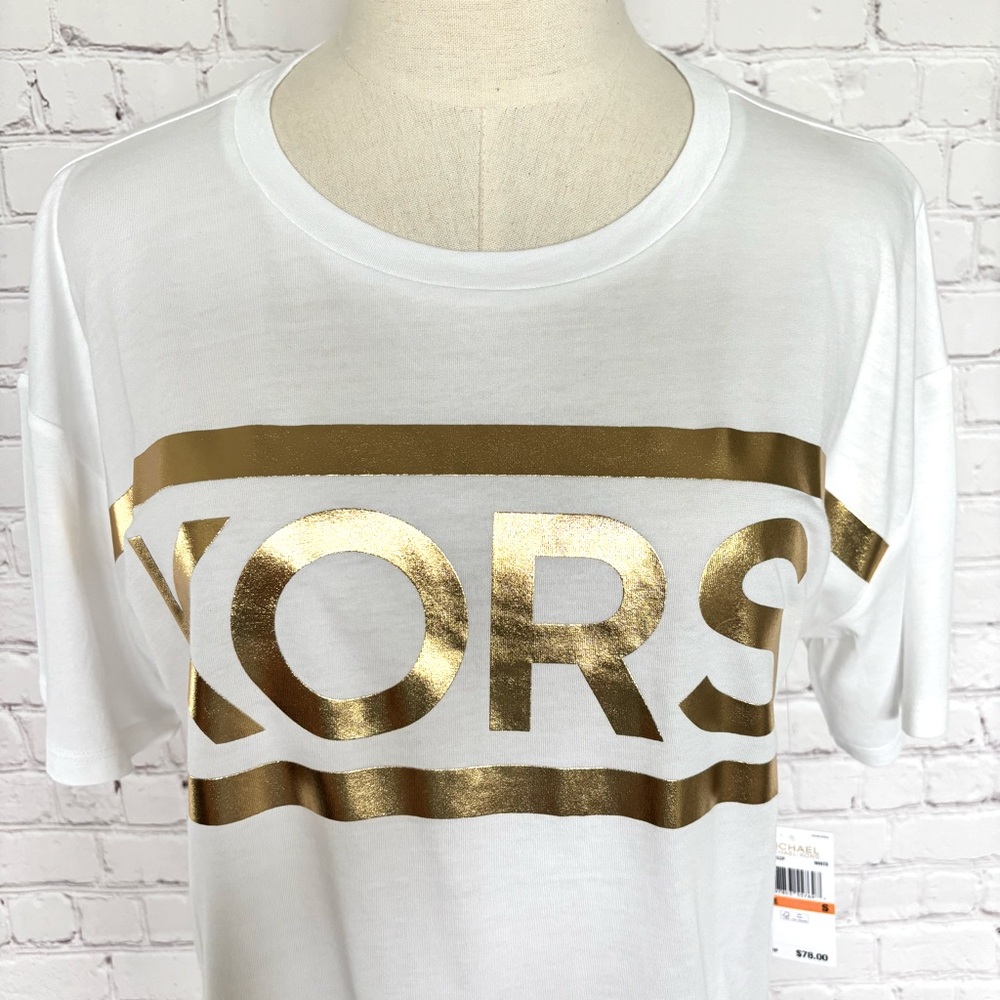 MICHAEL KORS White Gold Foil Cropped Short Sleeve Logo T-Shirt--NWT--S - Picture 3 of 15